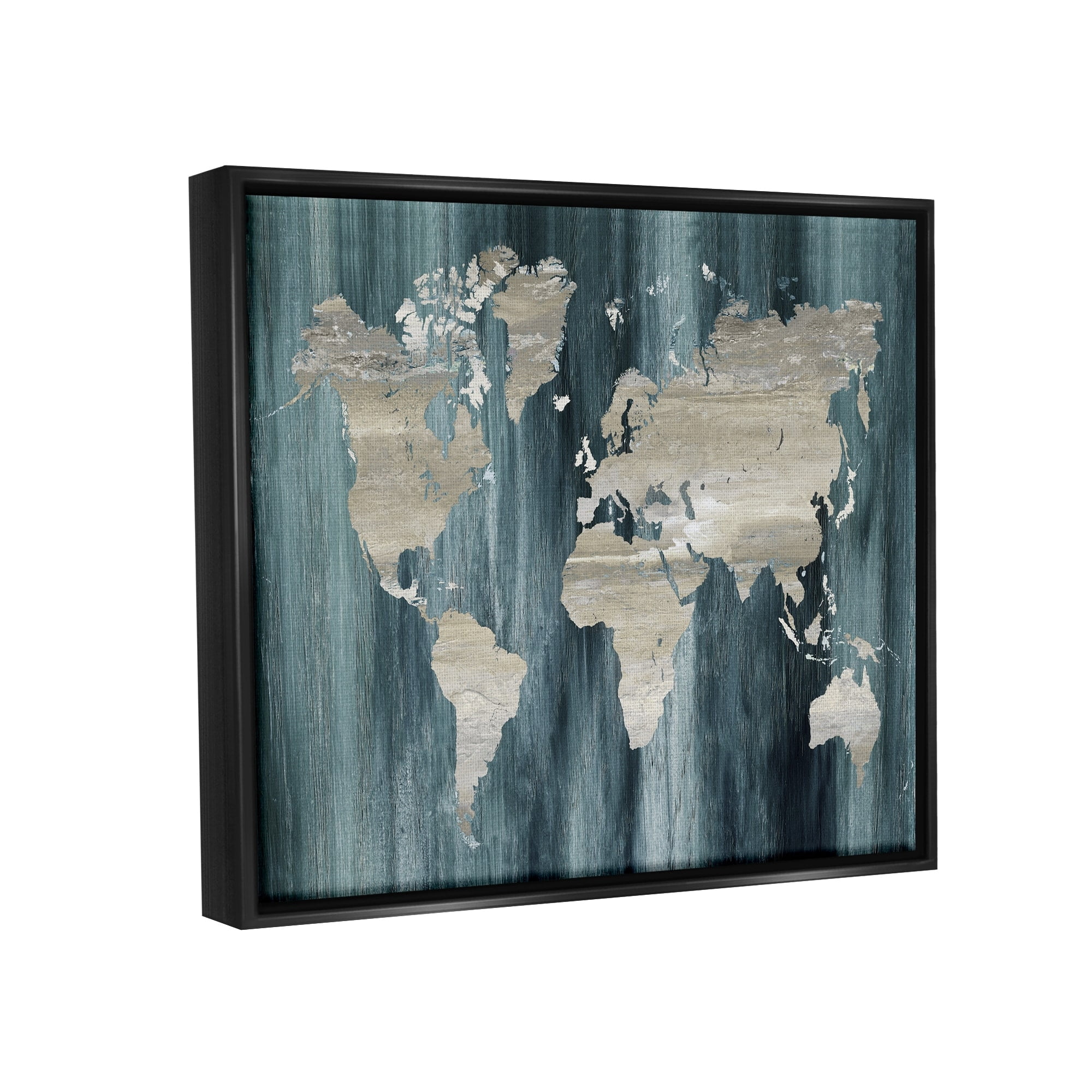 Stupell Industries Rustic Grain Patterned World Map Country Shapes Graphic Art Jet Black Floating Framed Canvas Print Wall Art, Design by Nan