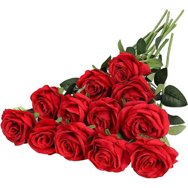 Nvzi 12 ramos de flores artificiales de seda, ramos de rosas realistas con tallos largos para decoración del hogar, bodas y fiestas (rojo)