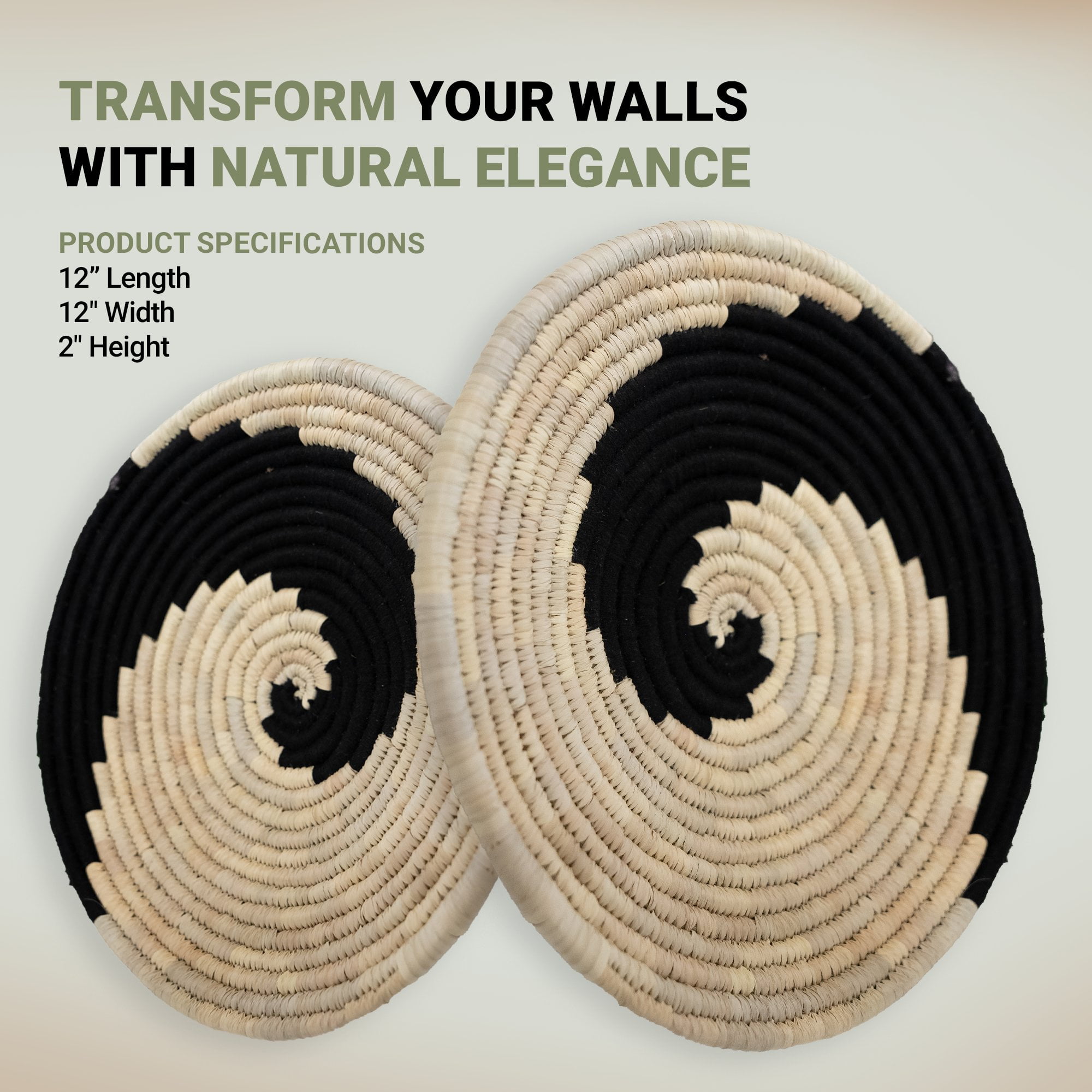 Amara Handmade Natural Grass Round Wall Basket, 12" Large Black & Beige Woven Basket Décor
