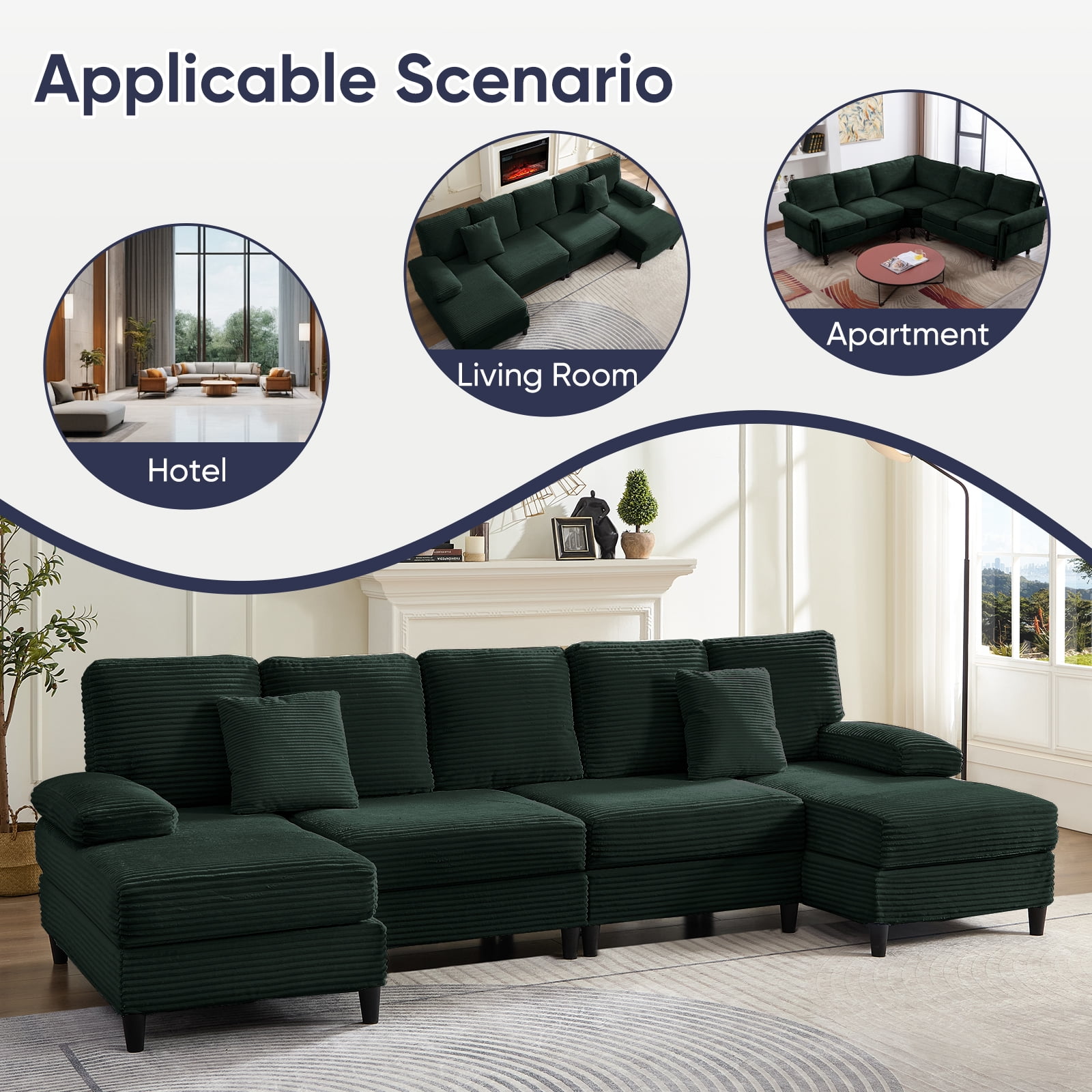 Mjkone U-Shaped Sectional Sofa, 4 Seats Corduroy Couch with Double Chaise for Living Room - Green