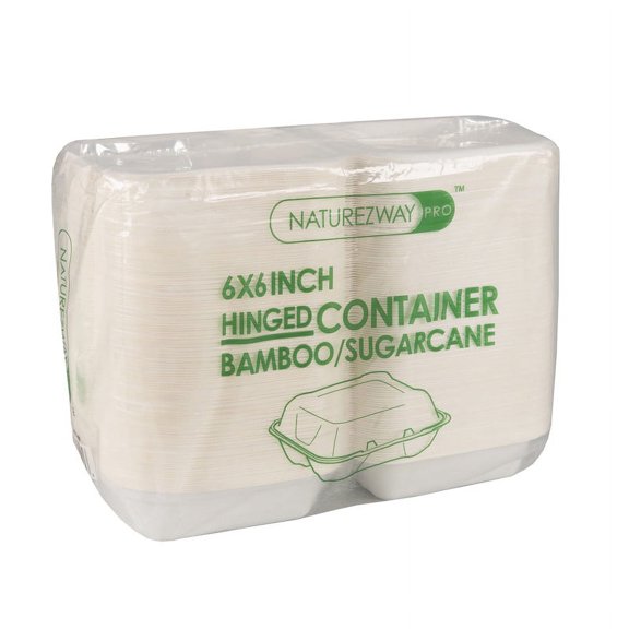 Bamboo & Sugarcane 6"x6"x3.2"  Hinged-Lid Containers | 500 Pack | Leak-Proof, Heavy Duty, Compostable, Plant-Based
