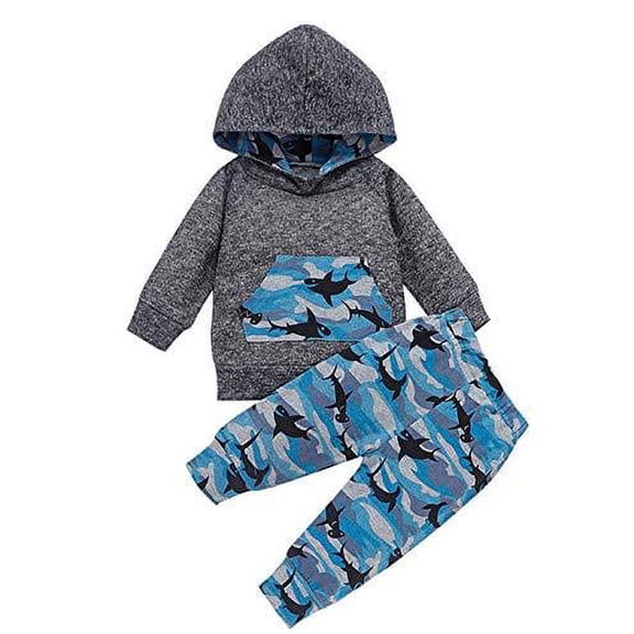 Styles I Love Baby Boys Grey Long Sleeve Hoodie Camouflage Shark Print and Pants 2pcs Cotton Outfit