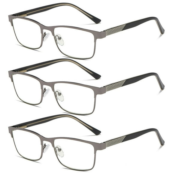 3 Pairs of Mens Blue Light Blocking Classic Gunmetal Reading Glasses 1.5 Rectangle Metal Gray Rimmed Spring Hinges Readers 1.5