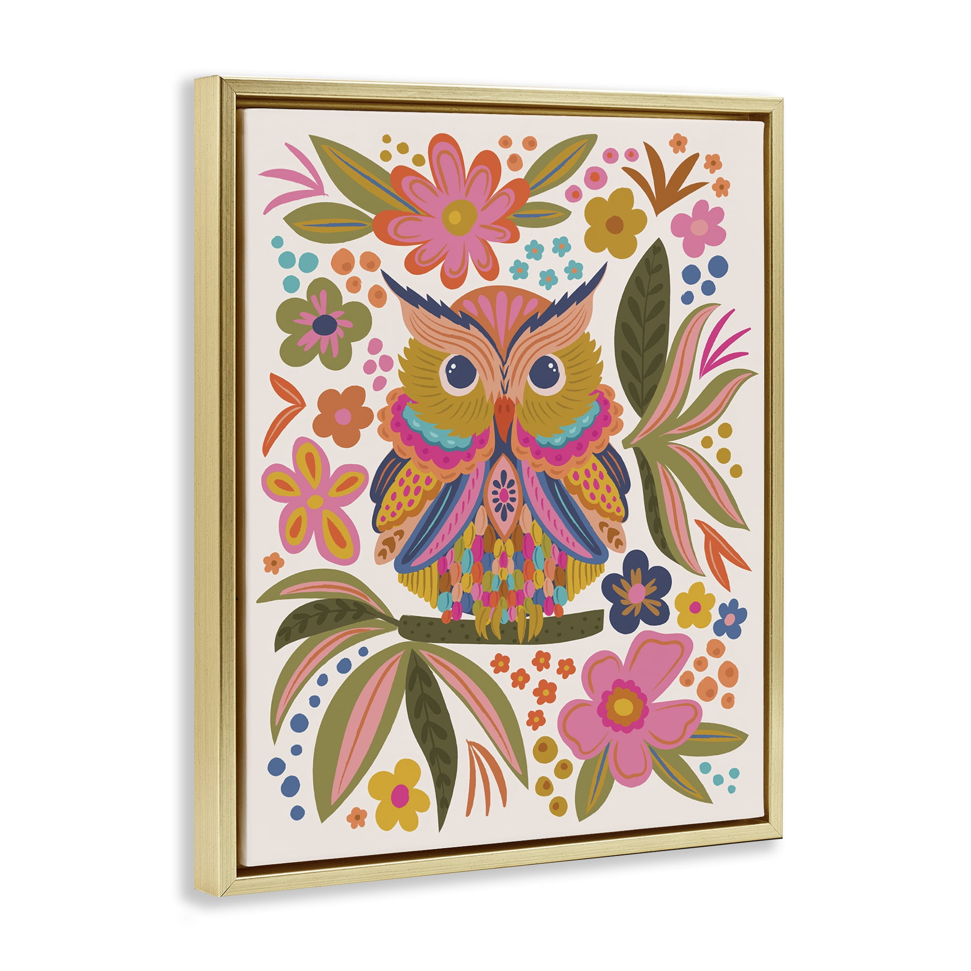 Stupell Industries Eclectic Owl & Flowers Animals Painting Gold Floater Framed Canvas Art Print Wall Art, 25 x 31