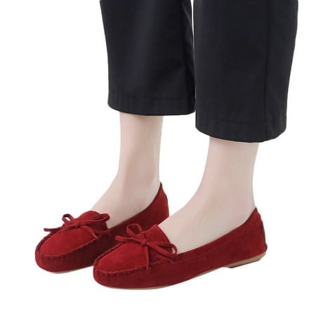 

f21 Leisure Women Round Toe Suede Slip-On Shoes Flat Single Shoes Casual Shoes Women Loafers And Slip On Shoes with knot Size 9 Wine Wide