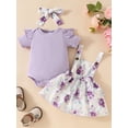 thumbnail image 2 of Nygoyerh Baby Girls 3Pcs Summer Outfits Ribbed Short Sleeve Romper + Floral Pattern Suspender Dress + Headband 3M 6M 9M 12M 18M Infant Toddler Sweet Overalls Dress Sets, 2 of 10
