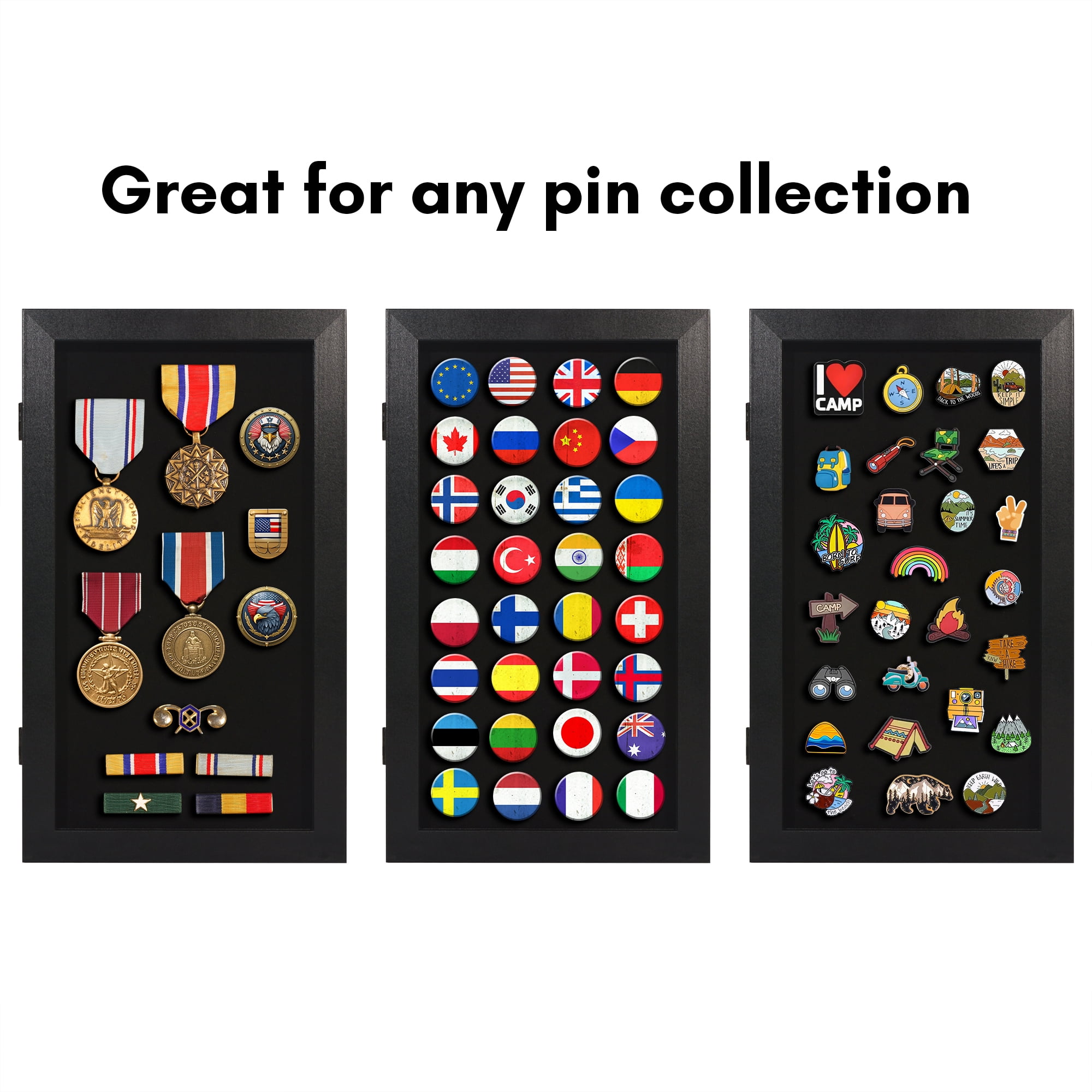 Americanflat 15x8.5 Picture Frame with Shatter-Resistant Glass Pin Display Case Ideal Enamel Pins - Black