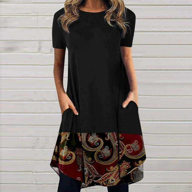 SMihono Robe d'Été Boho pour Femmes Grande Taille Mode Femmes Décontractée Col Rond Imprimé Manches Courtes Robe avec Poche