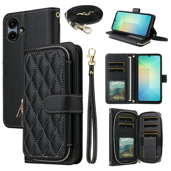 Dswteny Argyle Wallet Case for Samsung Galaxy A06 5G with Wrist Strap Shoulder Strap 9 Card Slots Zipper Flip Credit Card Holder Stand Cell Accessories Phone Cover for Ao6 A 06 4G LTE Women Black