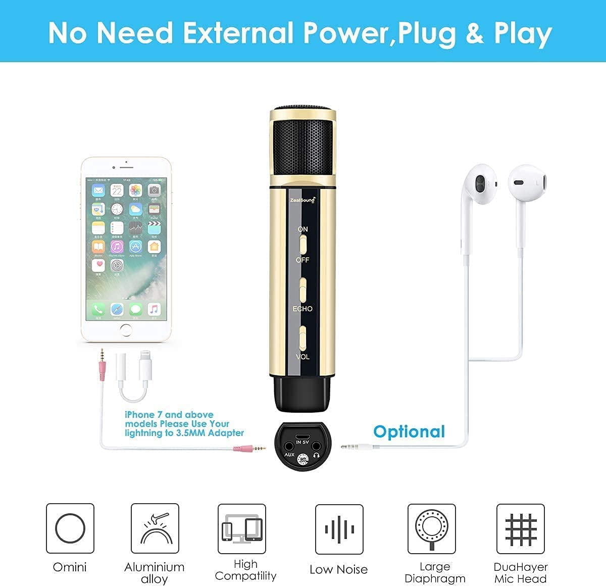 K08 3.5MM Microphone Gold with Gooseneck Stand for Podcast Recording