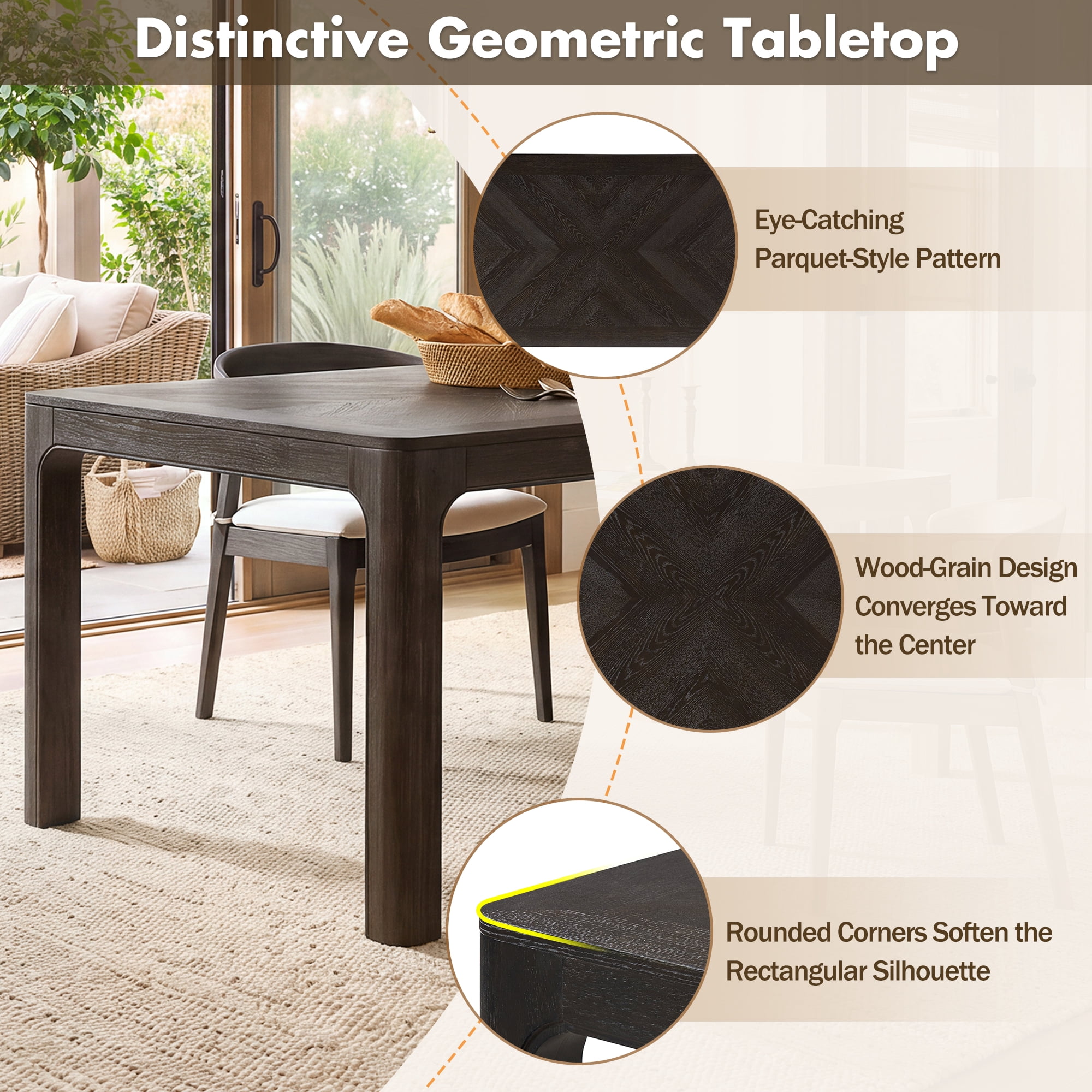 Euroco 60" Rectangular Dining Table for 4-6 Person,Farmhouse Wood Kitchen Table with Rounded Corners and Curved Leg for Kitchen Living Room,Espresso