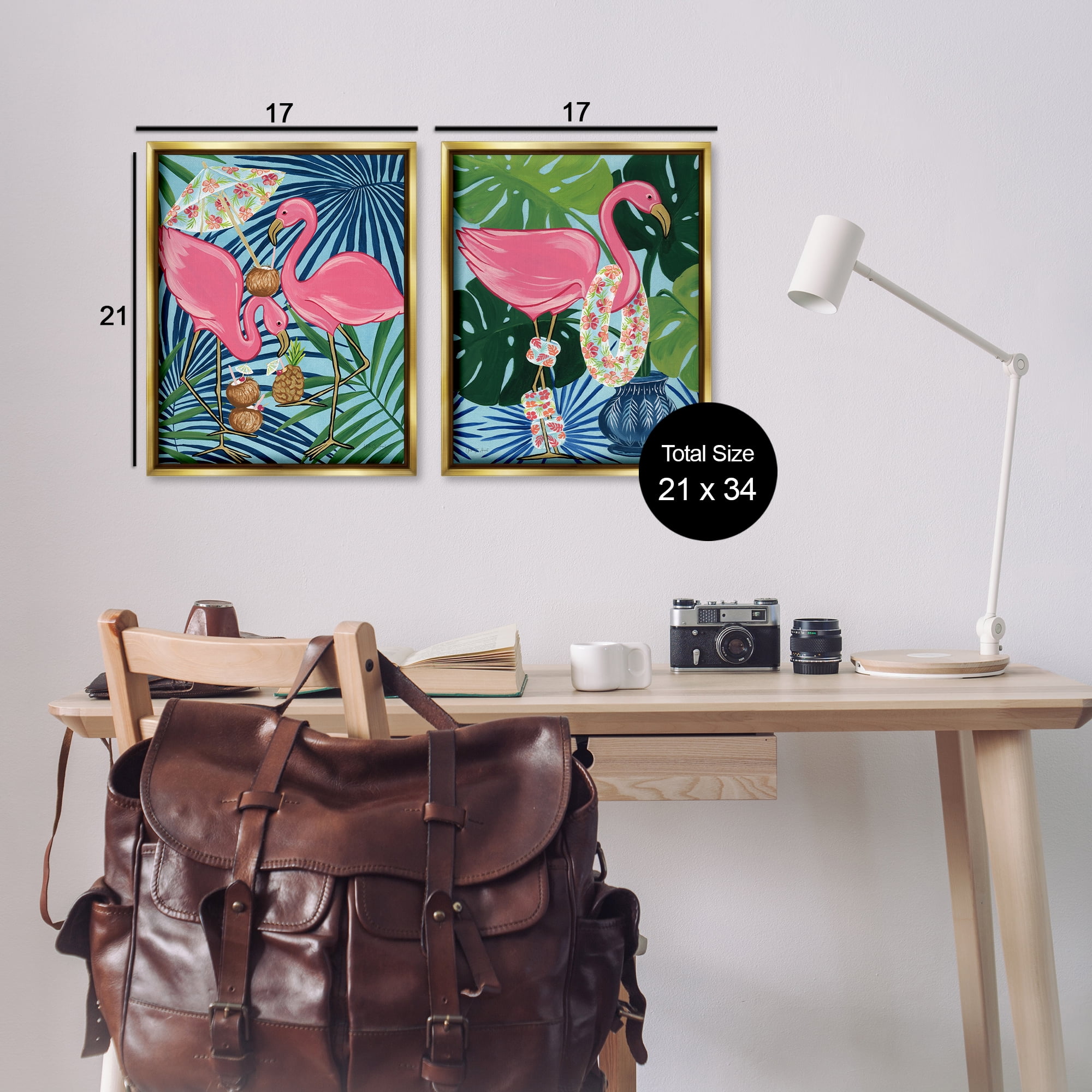 Stupell Industries Happy Hour Flamingos Animals Painting Gold Floater Framed Canvas Art Print Wall Art, 17 x 21, Set of 2