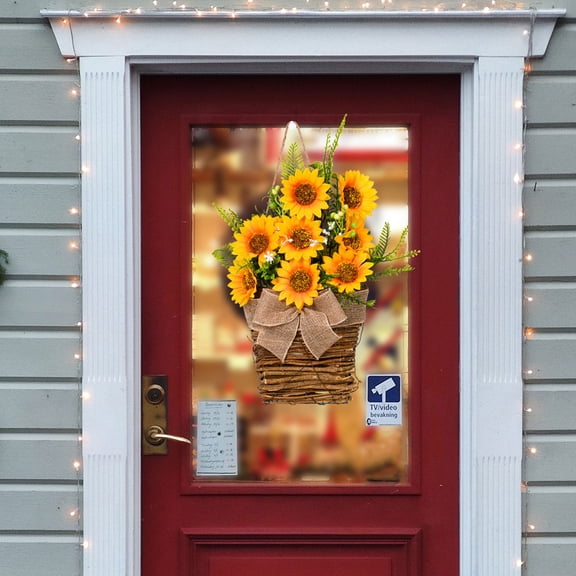 TEHAUX 1-Pack Yellow Sunflower Wreath 40x5.5in Rustic Front Door Wall Decor with Plastic