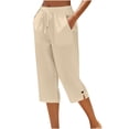 thumbnail image 2 of Petite Capris for Women with Pockets Linen Lightweight Dressy Casual Wide Straight Leg Elastic Waist Cropped Pant Summer Pull on Ladies Palazzo Capri Pants Beige L, 2 of 8
