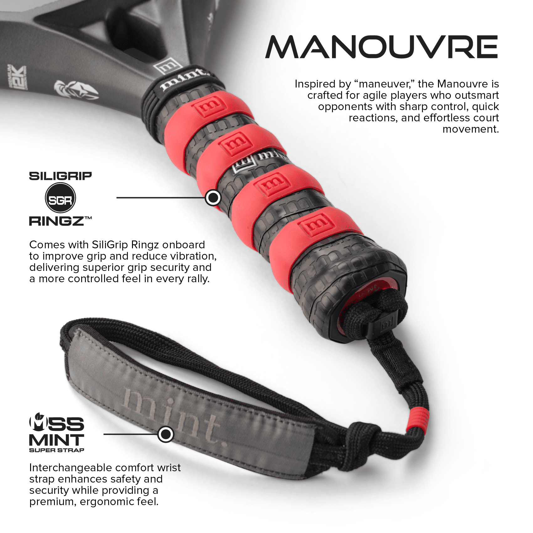Mint Manouvre Limited Edition 12K Pro Balance Padel Racket, Dark Gray