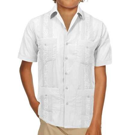 Boy's Guayabera Wedding Baptism Kids Toddler Junior Button-Up Casual Dress Shirt (White, 16)
