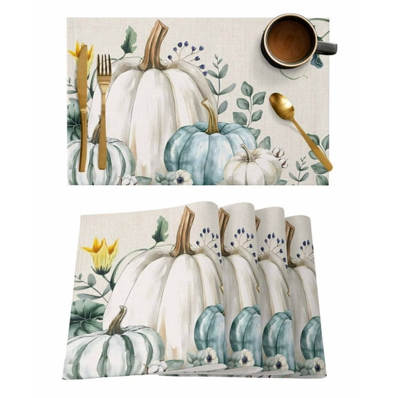 White Blue Pumpkin Placemats Set of 2 Fall Leaves Farmhouse Vintage Linen Heat Insulation Washable Place Mats, Rustic Non-Slip Table Mats for Dining Table Party Kitchen Decor,13x19 Inch