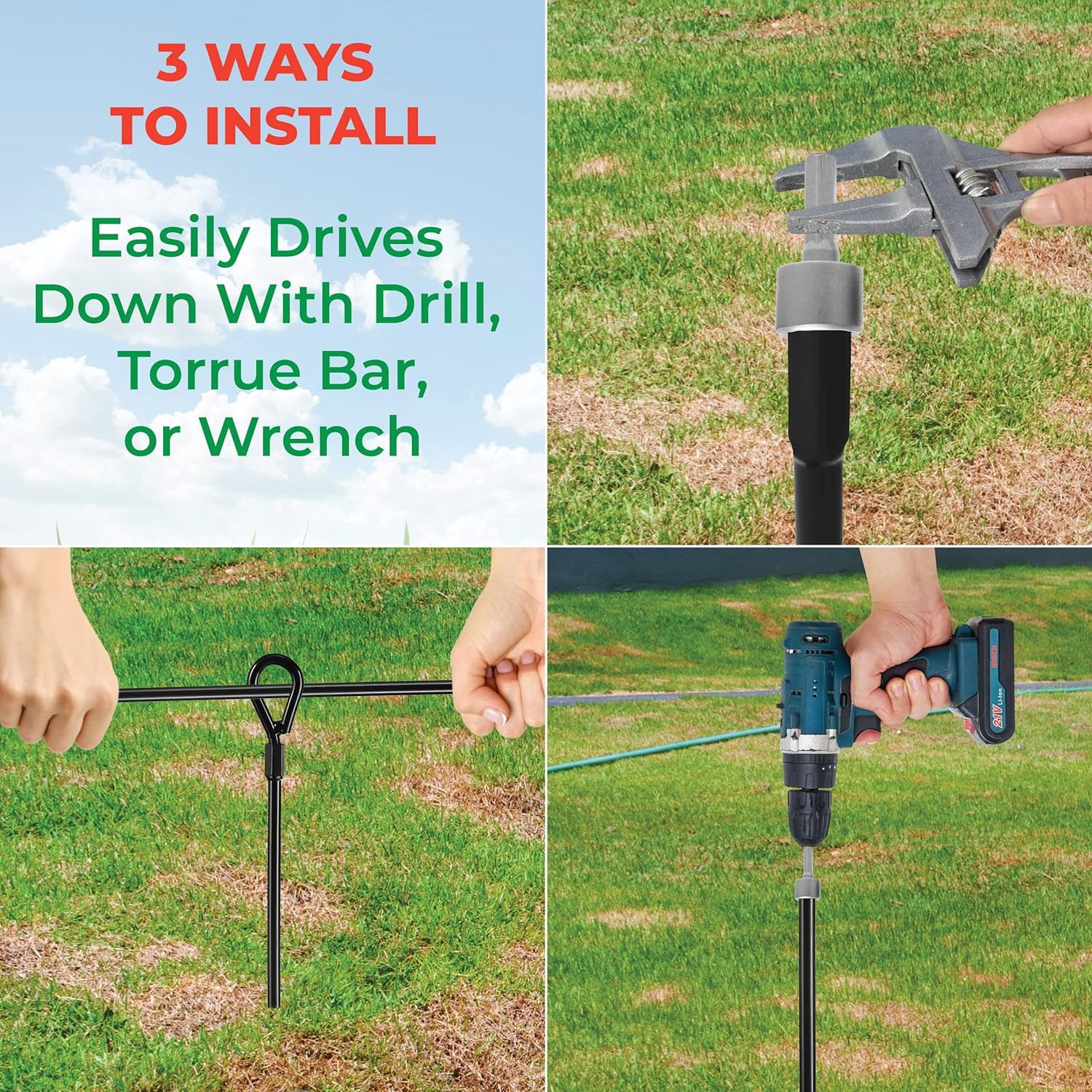 VASGOR 15” Ground Anchors (8pcs) Easy to Use with Drill, 3" Helix Diameter, Heavy Duty Anchor Hook for Camping Tent, Canopies, Car Ports, Sheds, Swing Sets, Securing Animals – Black Powder Coated