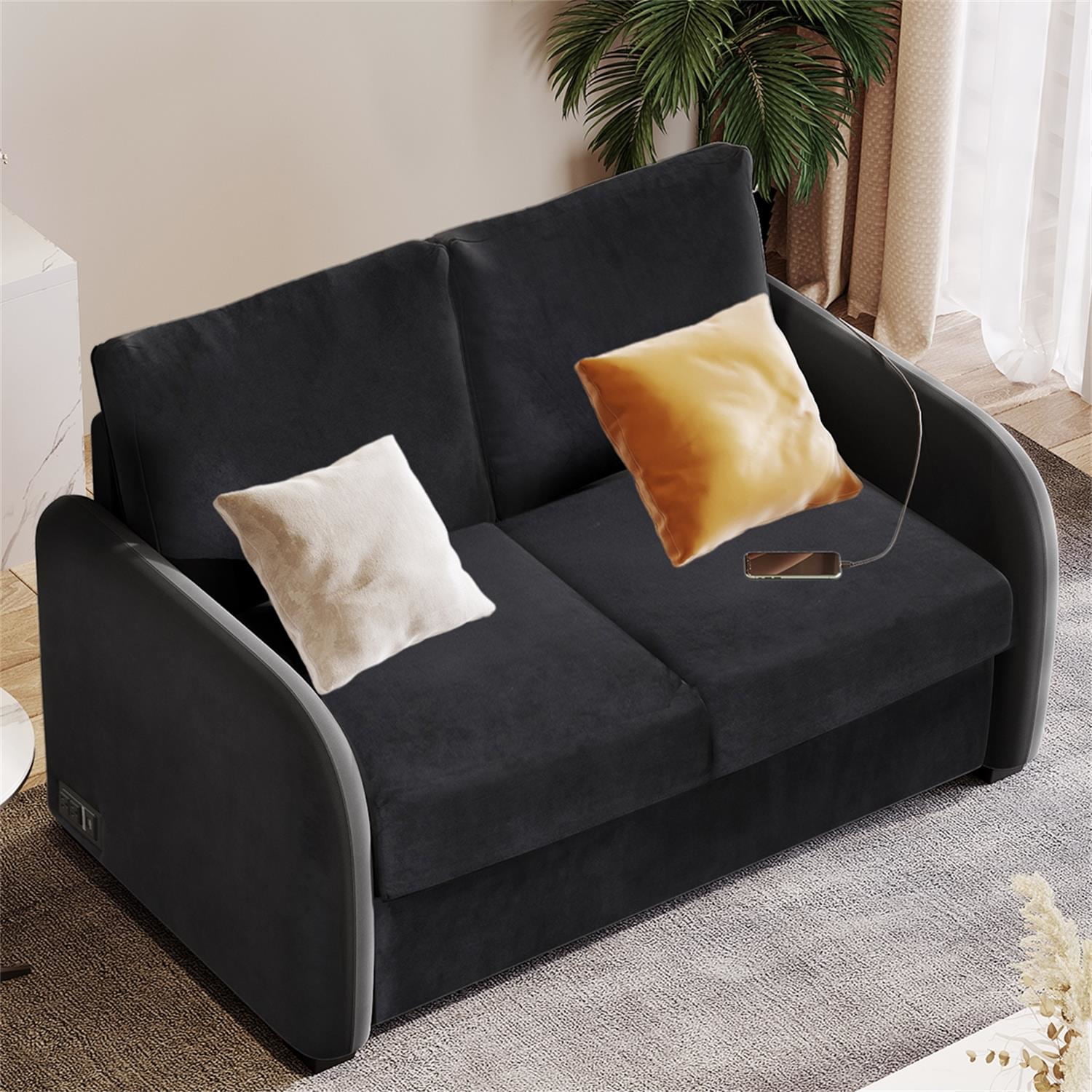 Kadyn Pull Out Sofa Bed, Loveseat Sleeper Sofa Bed with USB Charging Port and 3-pin Plug, Convertible Sofa Bed with Twin Size Mattress Pad, Black Kadyn Pull Out Sofa Bed, Loveseat Sleeper Sofa Bed with USB Charging Port and 3-pin Plug, Convertible Sofa Bed with Twin Size Mattress Pad, Black
