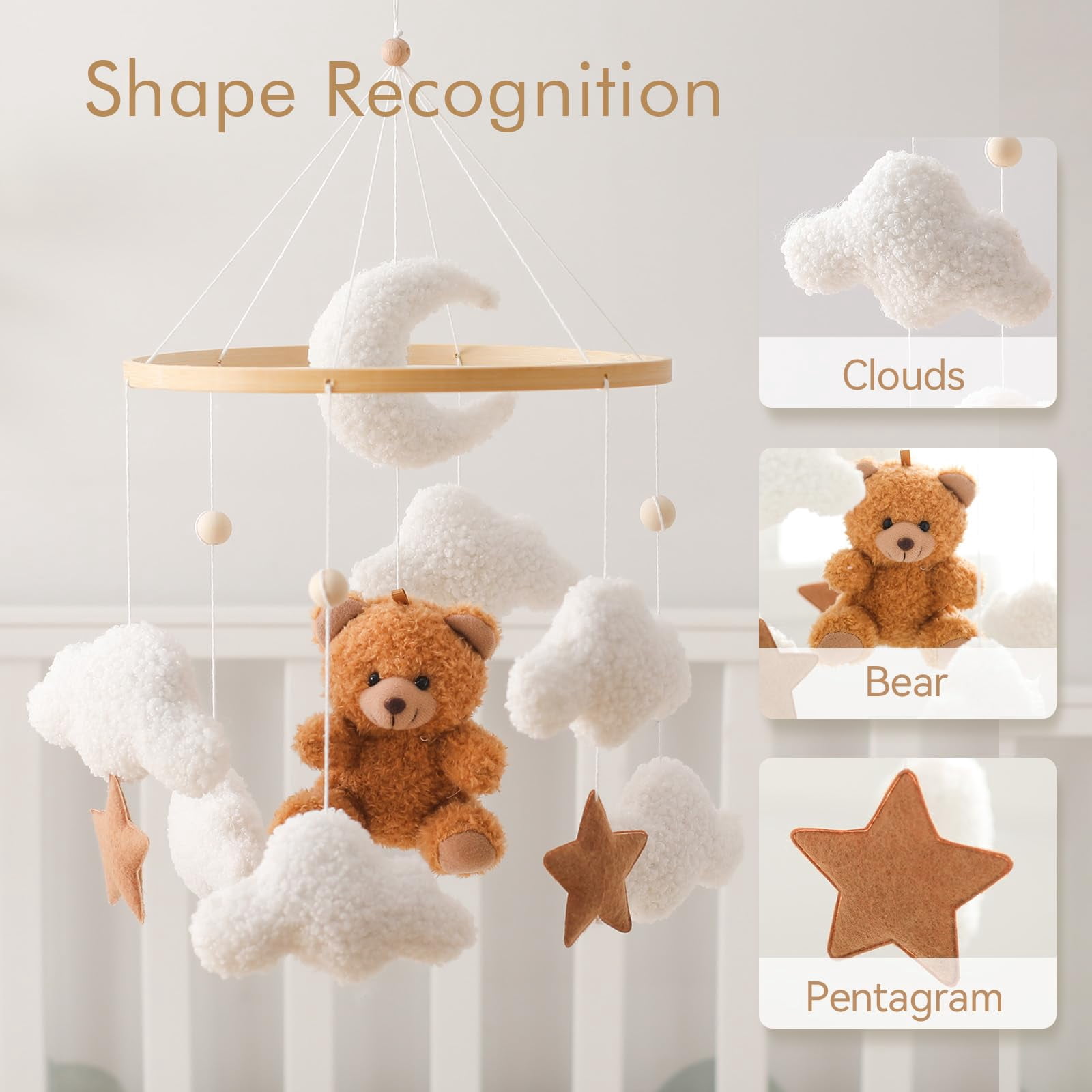 HYPERLIVING Baby Crib Mobile Bear Nursery Mobile for Boys Girls Teddy Velvet Mobile Nursery Decor for Infant Bedroom Hanging Baby Mobile for Bassinet Newborn Baby Gift（Brown Bear）