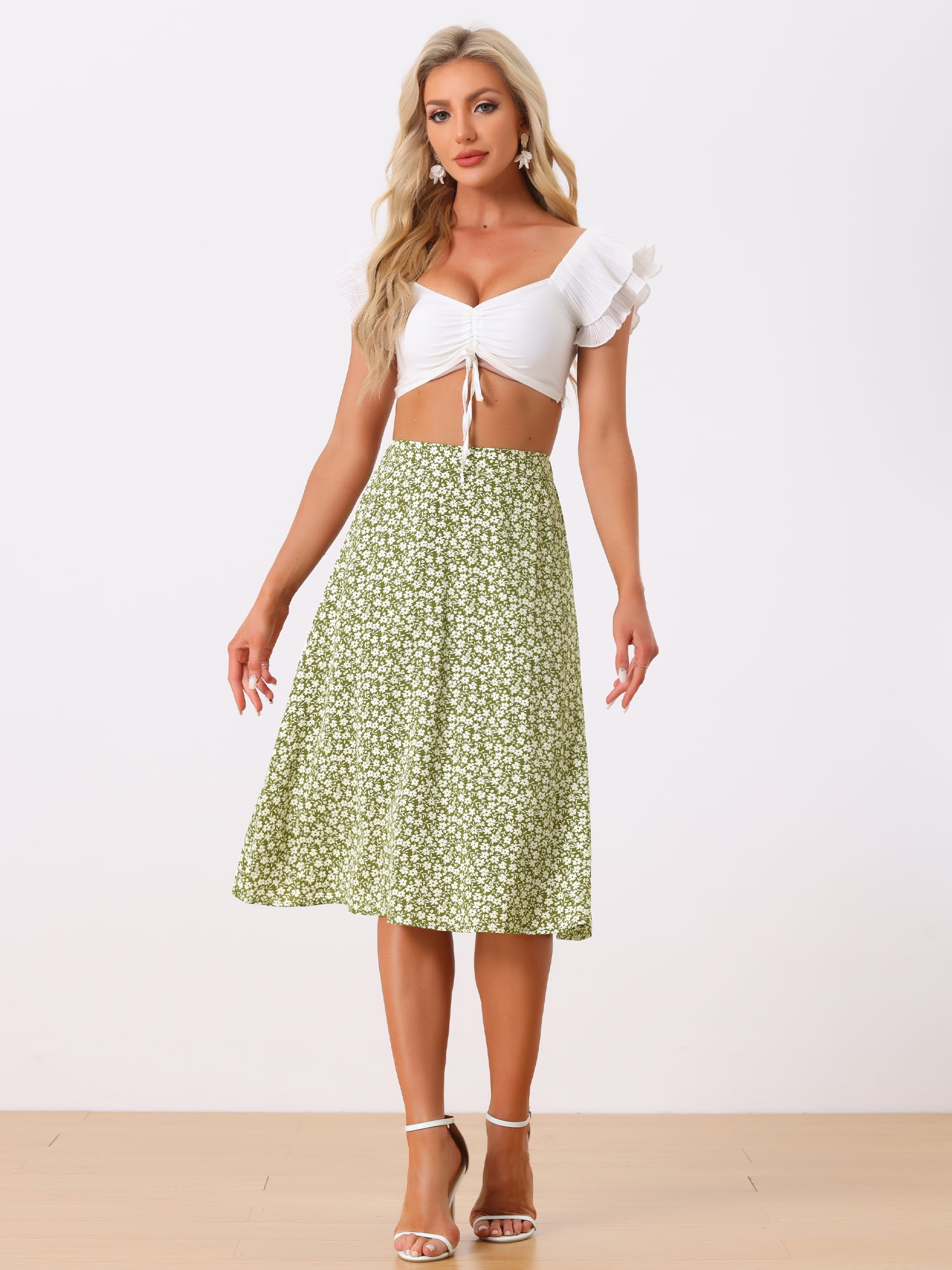DARING DIVA Women's Floral Print A-Line Midi Skirt Skirts XL Green White