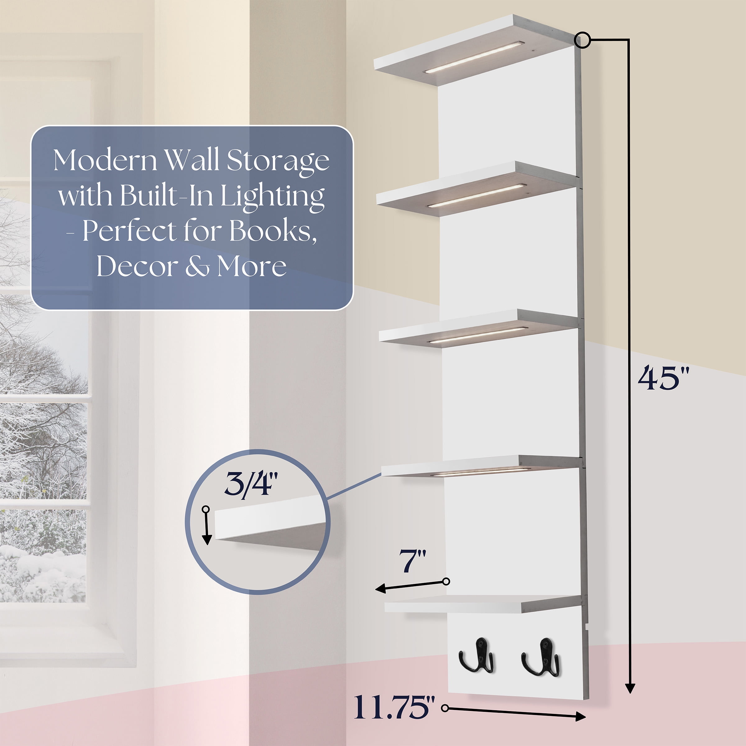 Sorbus 5 Tier White Floating Wall Shelf with LED Lights, Storage & Home Decor Display