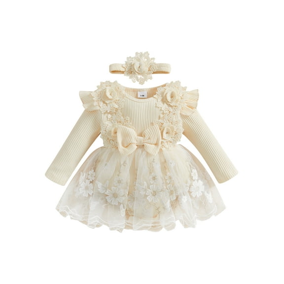 aturustex Infant Baby Girls One piece Romper Dress 1M 3M 6M 9M 12M Newborn Long Sleeve Crew Neck Jumpsuits Mesh Lace Patchwork Bodysuits and Cute Headr Little Girl Loose Casual Daily Clothes
