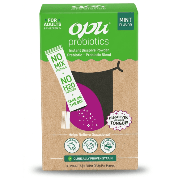 Opu Probiotics Mint Flavor Daily Probiotic Powder, Pour-On-Tongue Stick Packs, 30 Count