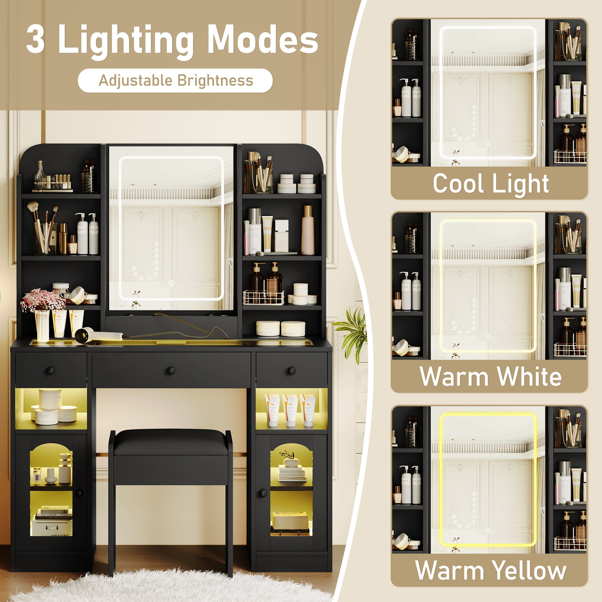 Mintazer 43.2" Vanity Desk with LED Mirror & RGB Glass Light Cabinets, Dressing Table with Charging Station & 3 Drawers, Makeup Vanity Table Set with Storage Shelves & Stool for Bedroom, Black