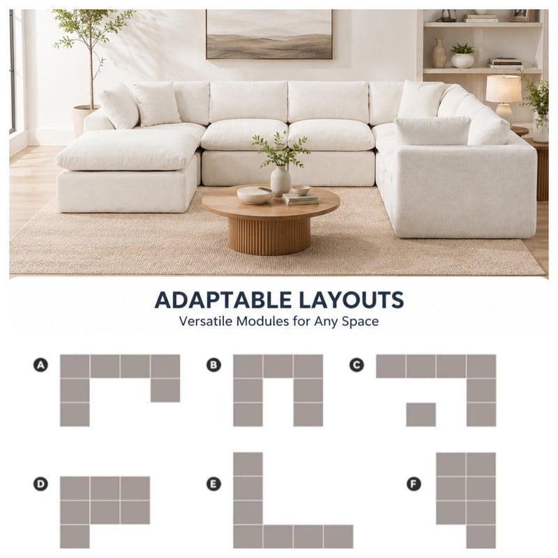 Oversized U-Shaped Sectional Sofa with Ottoman, 7-Seater Modular Chenille Cloud Couch, Deep Seat Frameless Sofa for Living Room, Apartment, Office