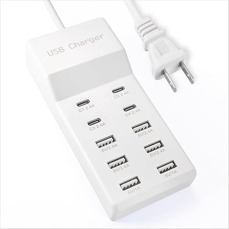 USB Charger USB C Charging Station 10 Ports Multiple USB Charger Station (4 USB C Port) Power Hub Strip Smart Plug USBC Charging Station for Phones Tablet Smartwatch Headphones Speakers