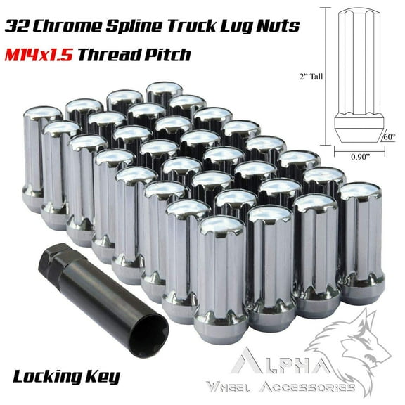 32 Chrome Spline Lug Nuts 14x1.5 For 8 Lug Chevy GMC 2500 3500 HD Duramax   Key