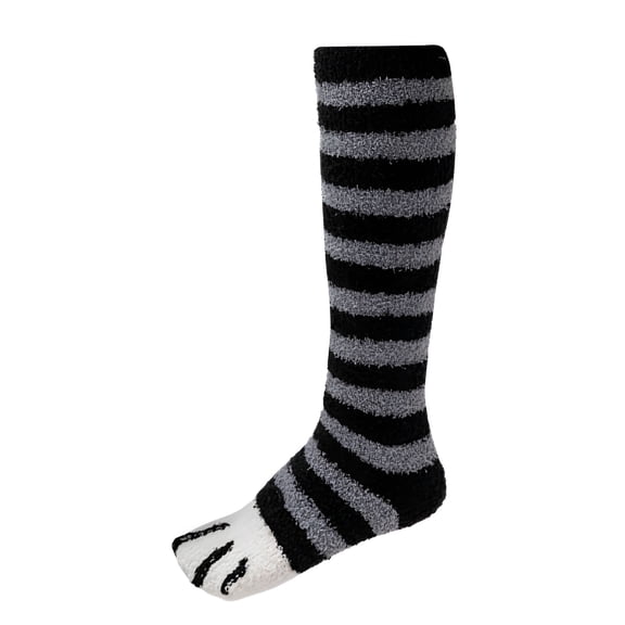 TELOLY Fuzzy Socks for Women Cozy Warm Coral Fleece Knee High Socks Cat Stripe Cute Winter Slipper Sock Thick Bed Sock Girls Stocking Grey