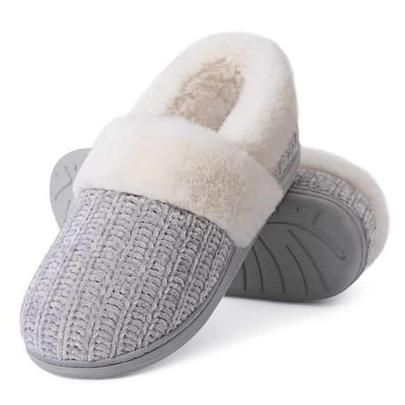 Litfun Women's Chenille Knit House Shoes Fleece Lined Memory Foam House Slippers, Grey, Size 7-8