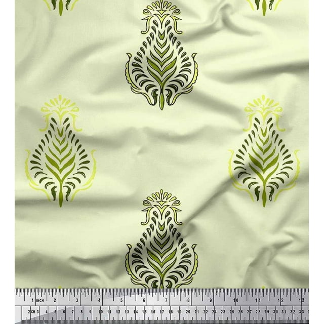 Soimoi Polyester Crepe Fabric Leaves Block Print Sewing Fabric Yard 52 Inch Wide