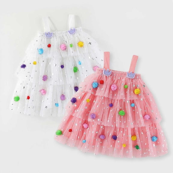 Trendfront Baby Girls Twofer Tutu Dress Mini Sleeveless Square Neck Star Pattern Sequin Mesh Tiered Pom Pom Decor Party Dress