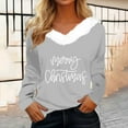 thumbnail image 2 of WREESH Merry Christmas Womens Fashion Slim V Neck Blouses Patchwork Faux Furry Collar Pullover Letter Printed T-Shirts Long Sleeve Tunic Tops Bottoming Shirt Gray, 2 of 4