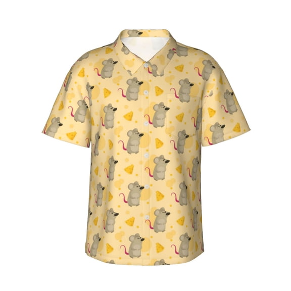 Logiee mouse and cheese Print Mens Hawaiian Shirts,Loose-Fit Short Sleeve Button Down Tropical Aloha Beach Shirt,Summer Vacation Wedding Tops,Small