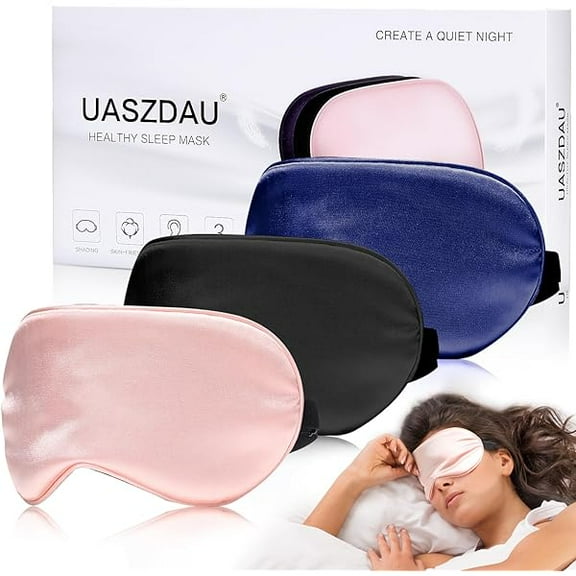 Sleep Mask Silk Eye Mask for Sleeping, Super Soft Blackout Eye Mask for Women Men, Side Sleeper Covers for Sleeping with Adjustable Straps, Travel Sleep Mask, 3 Pack