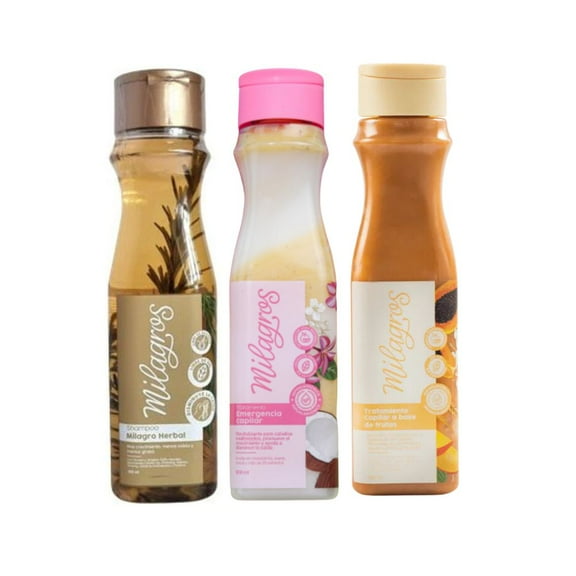 Milagros shampoo herbal, Milagros tratamiento emergencia capilar y Milagros Tratamiento a base de frutas (3 pack)