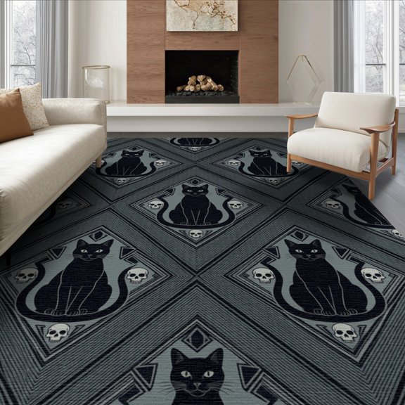 ODIKA 8'x10' Washable Area Rug Non-Slip Chair-Friendly Mat Skull Vintage Phase Gothic Arch Mystical Motifs Goth Minimalist Refined for Dining Room, Large Office, Lounge