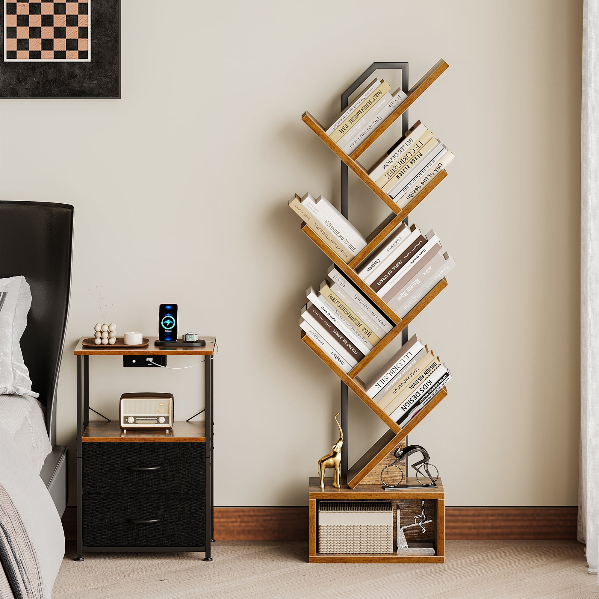Casacomoda 6-Tier Tree Bookshelf for Corner & Small Space — Narrow Steel & Wood Bookcase, Tall Floor Standing Book Organizer Shelf with Storage Cabinet, Home Decor for Living Room, Bedroom, Vintage