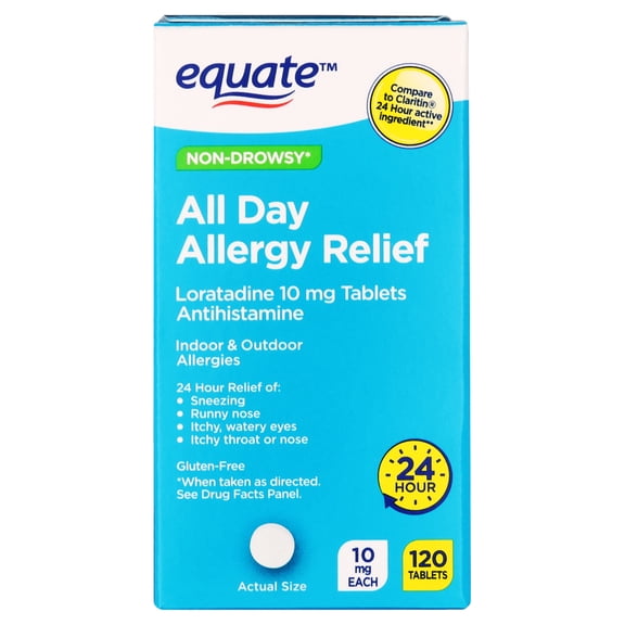Equate Non-Drowsy All Day Allergy Relief Loratadine 10 mg Tablets Antihistamine, 120 Count, Compare to Claritin® 24 Hour Active Ingredient