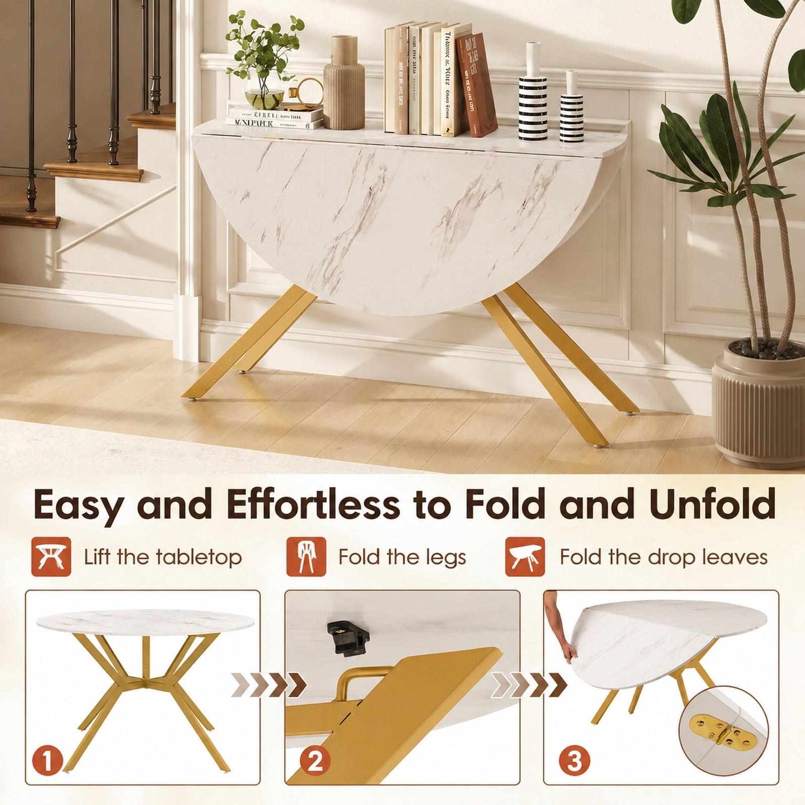 Furnibear Folding Dining Table 47 Inch Extendable Round Kitchen Table with Drop Leaves for Kitchen Dining Room Breakfast Nook Small Space Home, White