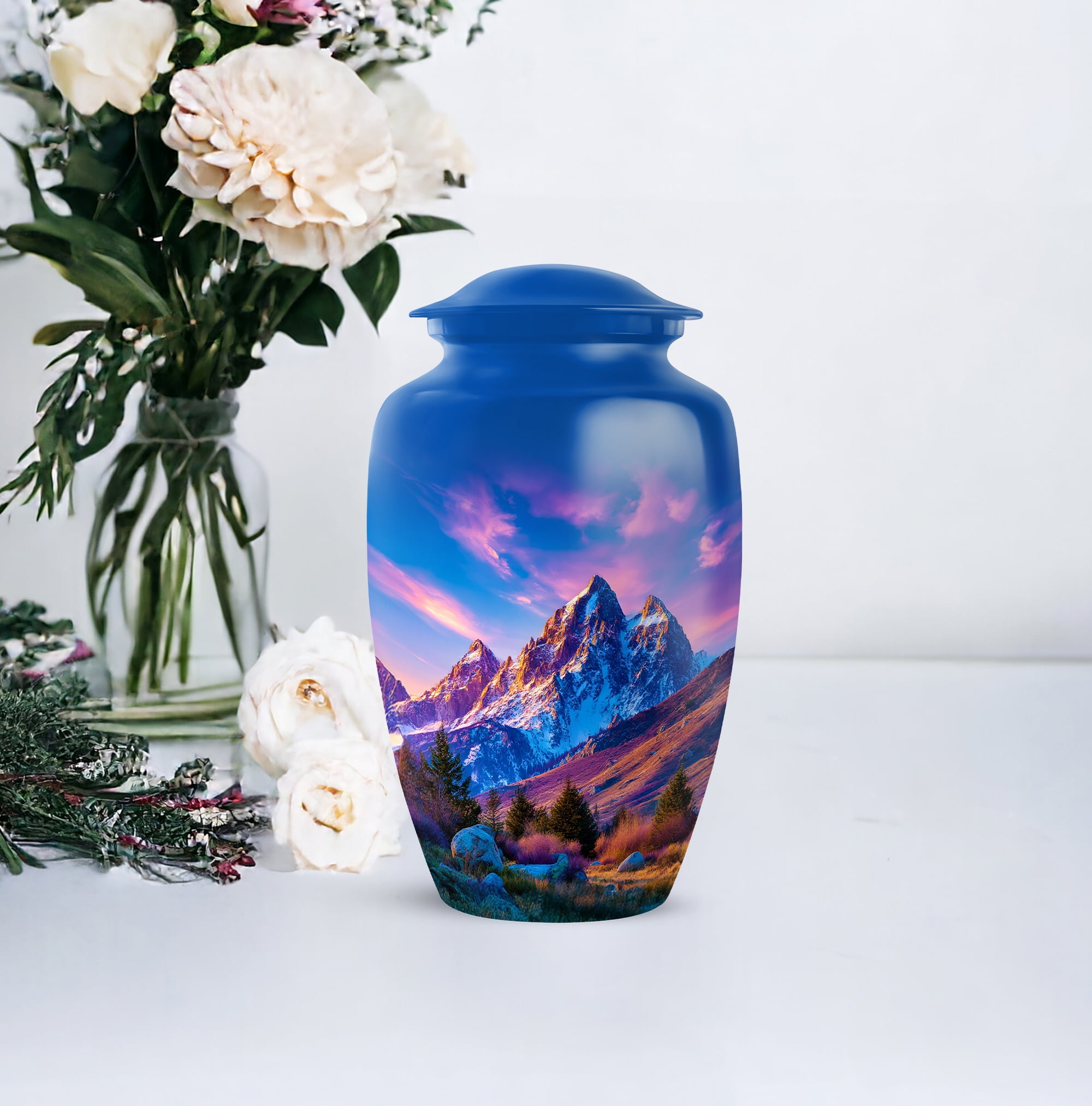 Mountain Funeral Cremation Urn For Human Ashes Adult Female Mom, 1 Large And Set Of 4 Keepsake Urn For Mom And Dad, Burial Urns For Grandfather, Blue Urns For Human Ashes 10&3 Inch