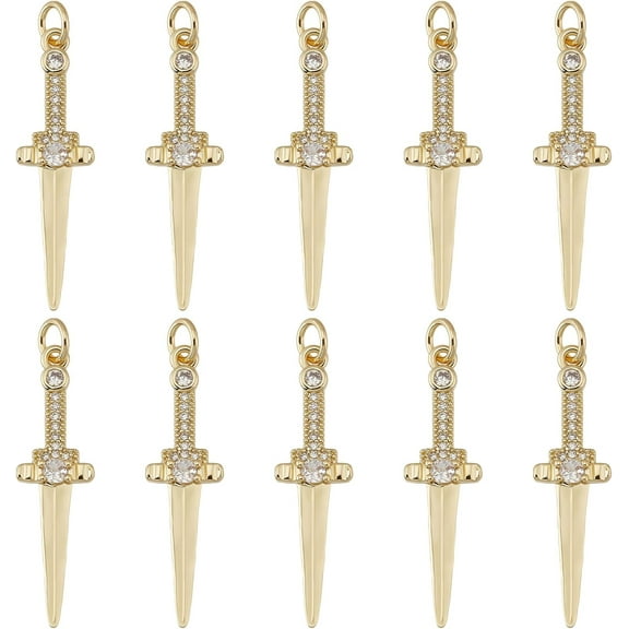 10Pcs 18K Gold Plated Sword Charms Cubic Zirconia Dagger Shape Charm Dangle Pendants Charms for DIY Bracelet Jewelry Finding Making