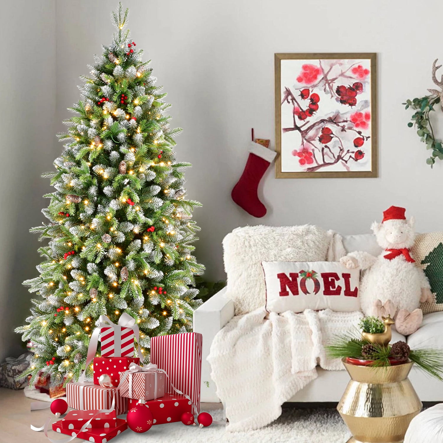 6 Ft Pre-Lit Artificial Christmas Tree with 380 Warm White LED Lights, 1264 Tips, Frosted Greenery with Red Berries & Natural Pinecones, Full Holiday Tree with Sturdy Metal Stand