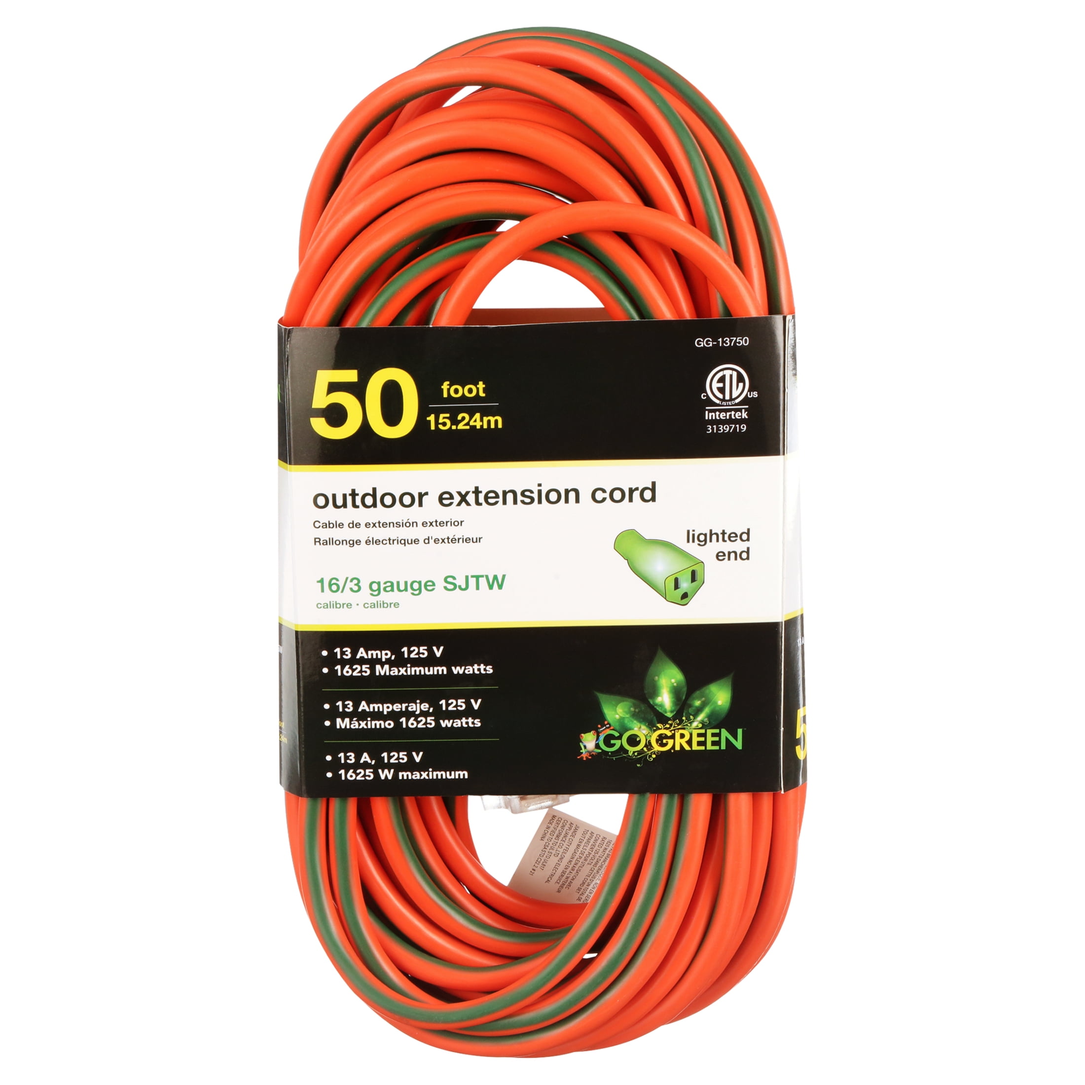 Outdoor Electric Extension Cord 16/3 50' SJTW Lighted End 3 Prong ETL Listed 