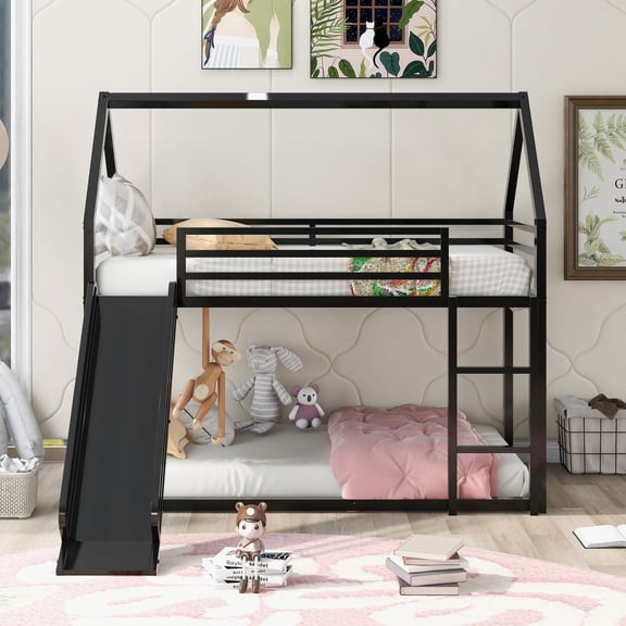 Tcbosik Twin Over Twin House Bunk Bed With Ladder And Slide,Black