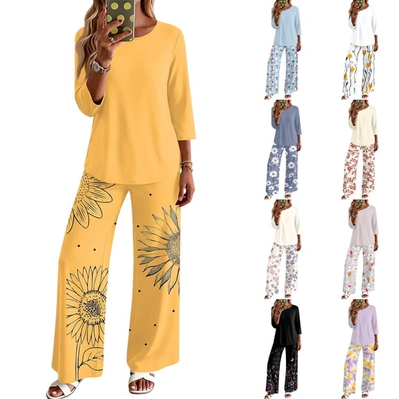 Two Piece Sets for Women Lounge 3/4 Length Sleeve Womens Tops Graphic Pants Summer Outfits Yellow S